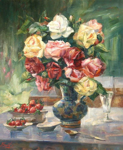 Розы с клубникой картина В.Ю.Екимова
