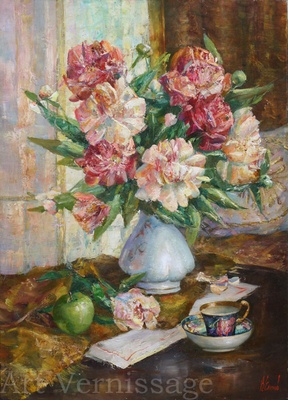 Пионы в белой вазе картина В.Ю.Екимова