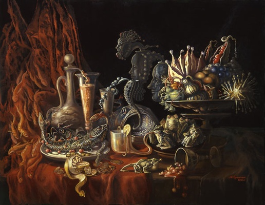 Натюрморт с лягушками - репродукция картины М.С.Сучилиной