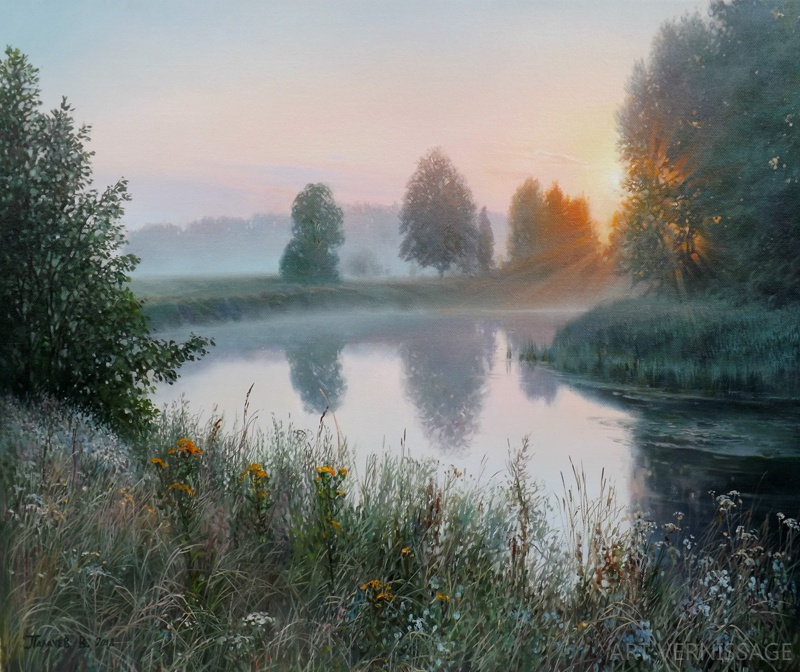 Раннее утро у реки - пейзаж В.Н.Палачева