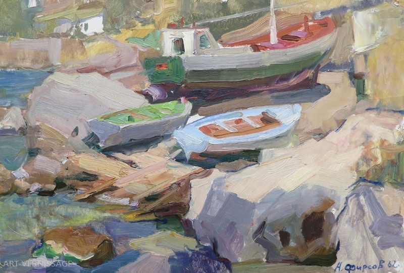 Лодки на берегу - картина А.П.Фирсова, советская живопись