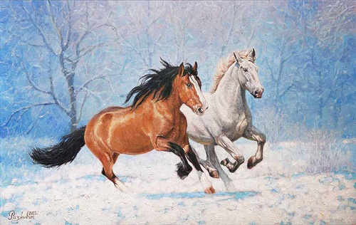 Лошади быстро несутся  - картина И.В.Разживина