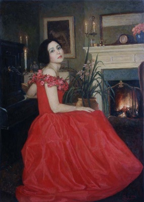 Женский портрет в красном платье художник И.В.Разживин