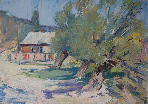 Ивы с хатой - картина Ю.П.Лежникова