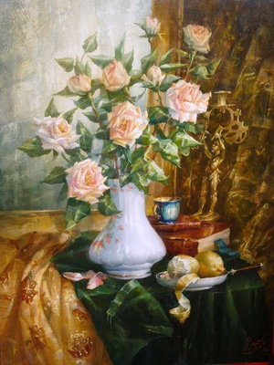 Розы в белой вазе - репродукция картины В.Ю.Екимова