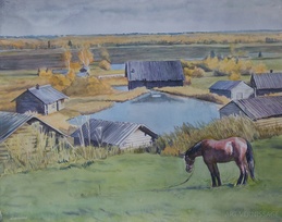 Пейзаж с пасущейся лошадью - картина А.Б.Ефремова