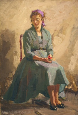 Сидящая девушка с цветами - картина А.П.Фирсова