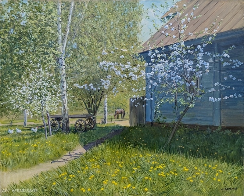 Сельский двор, цветущие деревья - картина А.Б.Ефремова