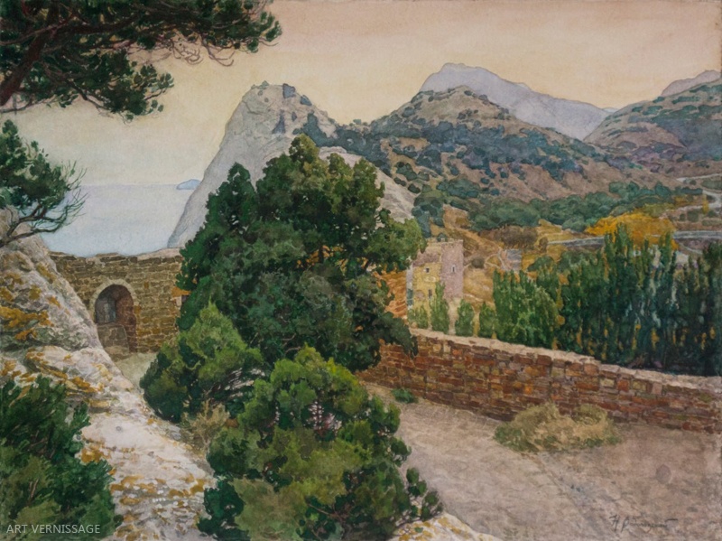 Крымский вечер - картина Н.В.Водолазского, акварельный пейзаж