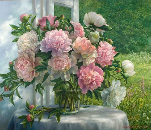 Пионы у окна - репродукция картины М.А.Сатарова