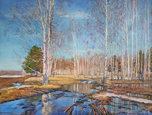 Апрель, дорога в талой воде - картина А.Б.Ефремова