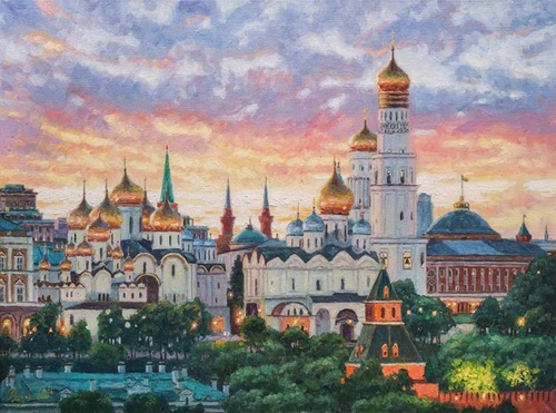 Купола Кремля на фоне заката - картина И.В.Разживина