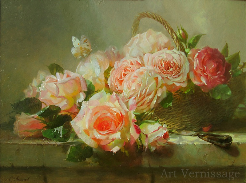 Розы в корзине - картина С.Г. Акопова