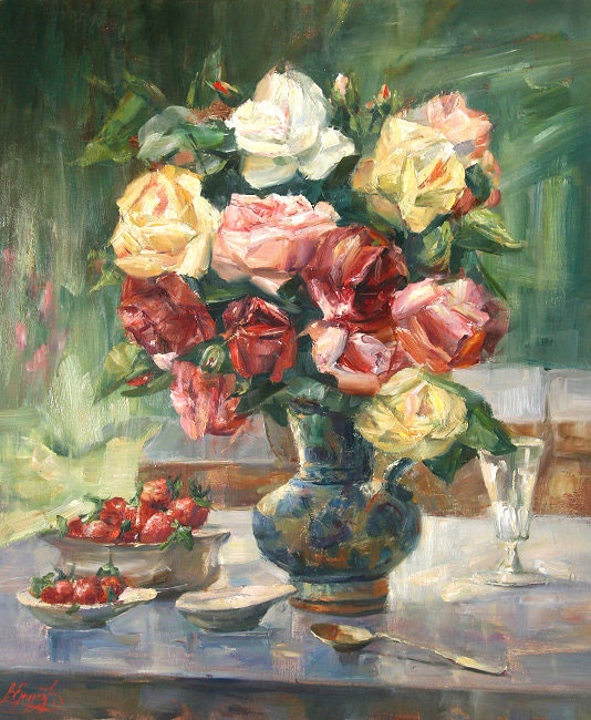 Розы с клубникой картина В.Ю.Екимова