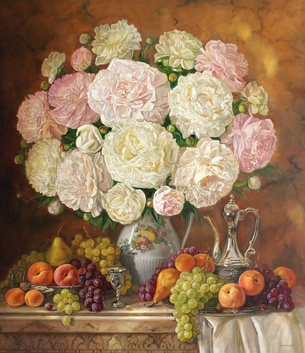 Натюрморт с пионами и фруктами в вазах - картина А.Б.Ефремова