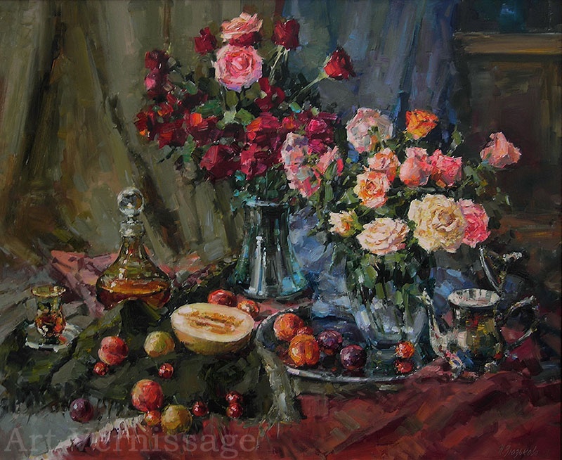 Розы на темном фоне - натюрморт Н.В.Зюзькиной