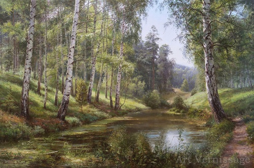 Озеро в березовой роще - картина В.Г.Зайцева