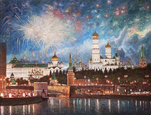 Гремит салют над праздничной Москвой - картина И.В.Разживина