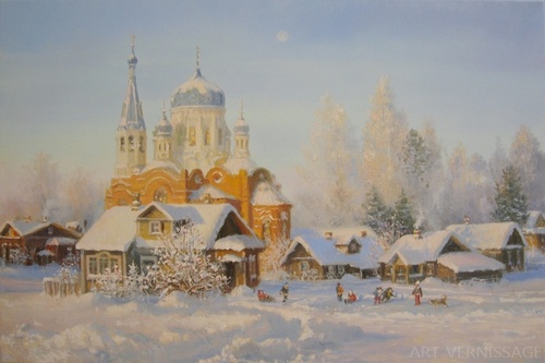 В городок пришла зима - картина В.Ю.Жданова