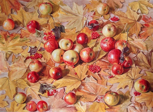 Яблоки и калина на столе - художник А.Б.Ефремов