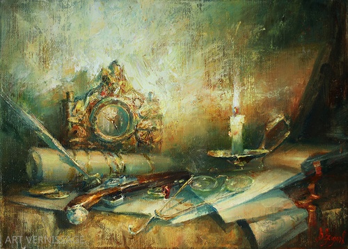 Натюрморт с бронзовыми часами и пистолетом картина В.Ю.Екимова