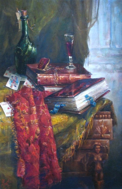Натюрморт с бокалом вина и книгами - репродукция картины В.Ю.Екимова