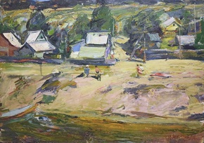 Деревня у реки - картина Ю.П.Лежникова