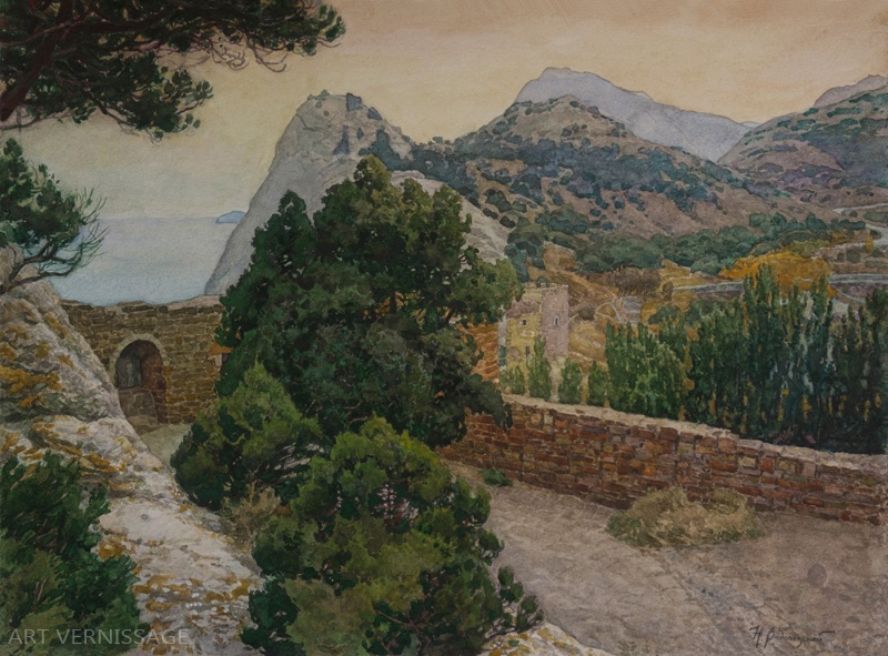 Крымский вечер - картина Н.В.Водолазского, акварельный пейзаж