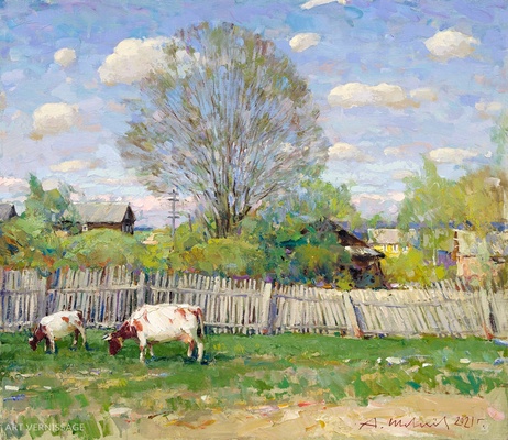Май в Шереховичах - картина А.В.Шевелева, сельский пейзаж