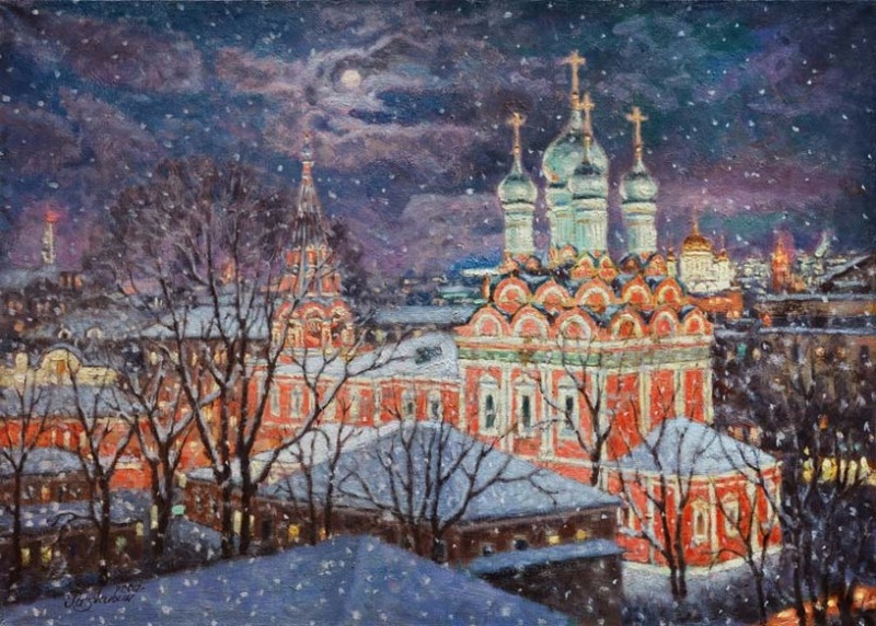 Снегопад над Москвой - картина И.В.Разживина