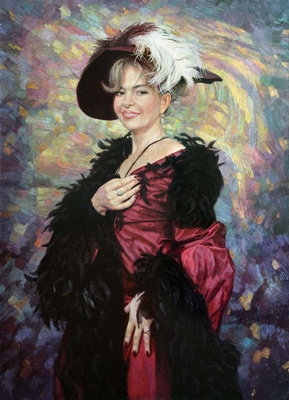 Женский портрет в бордовом платье художник И.В.Разживин