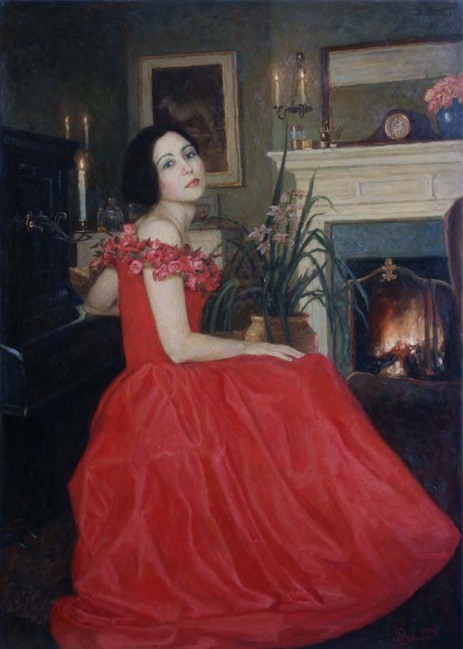 Женский портрет в красном платье художник И.В.Разживин