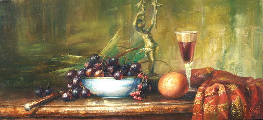 Натюрморт с бокалом вина и фруктами - репродукция картины В.Ю.Екимова
