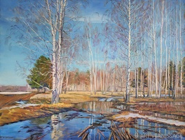 Апрель, дорога в талой воде - картина А.Б.Ефремова