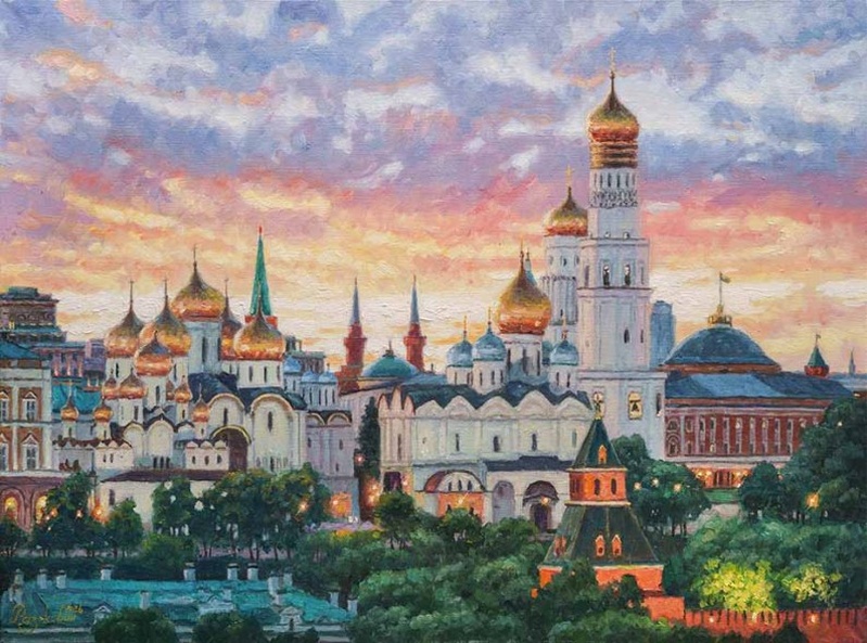 Купола Кремля на фоне заката - картина И.В.Разживина