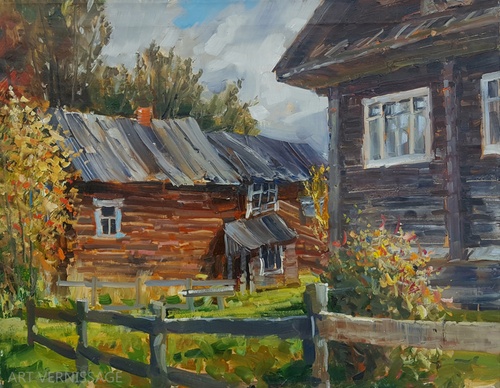 Деревня Угол, вековые дома - картина Е.П.Лимарева
