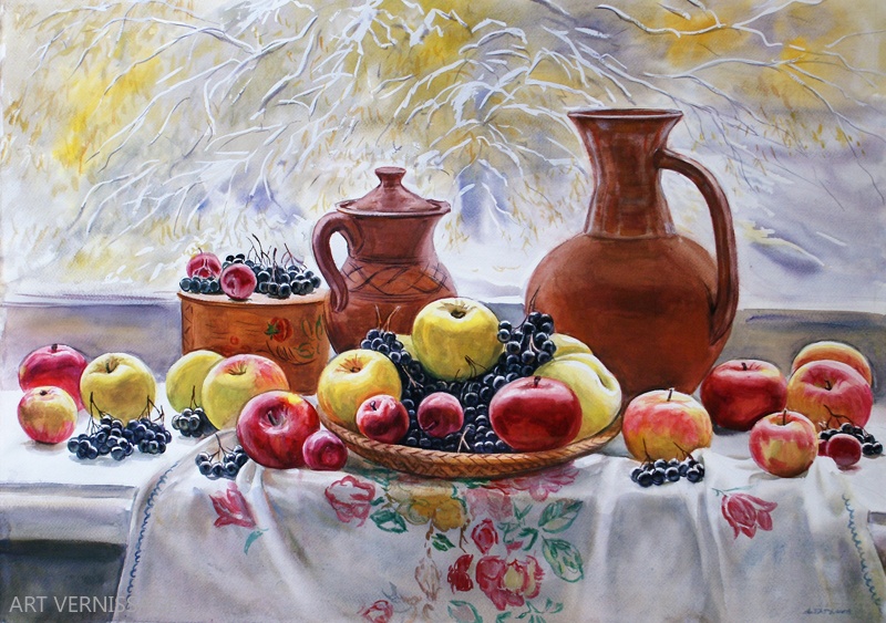 Яблоки и ягоды у окна - картина А.Б.Ефремова