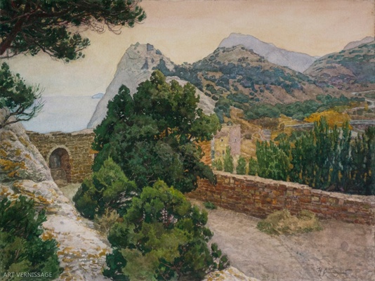 Крымский вечер - картина Н.В.Водолазского, акварельный пейзаж