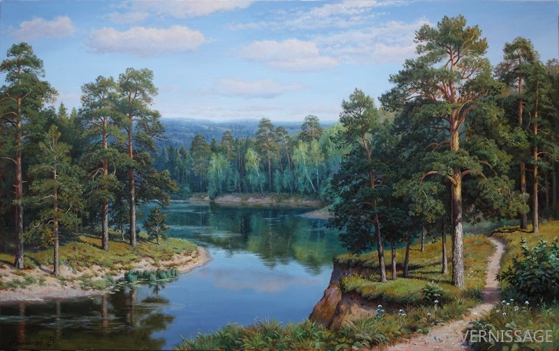 Сосны у реки - пейзаж художника В.В.Потапова