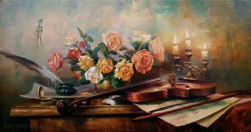 Розы и скрипка на столе - картина В.Ю.Екимова